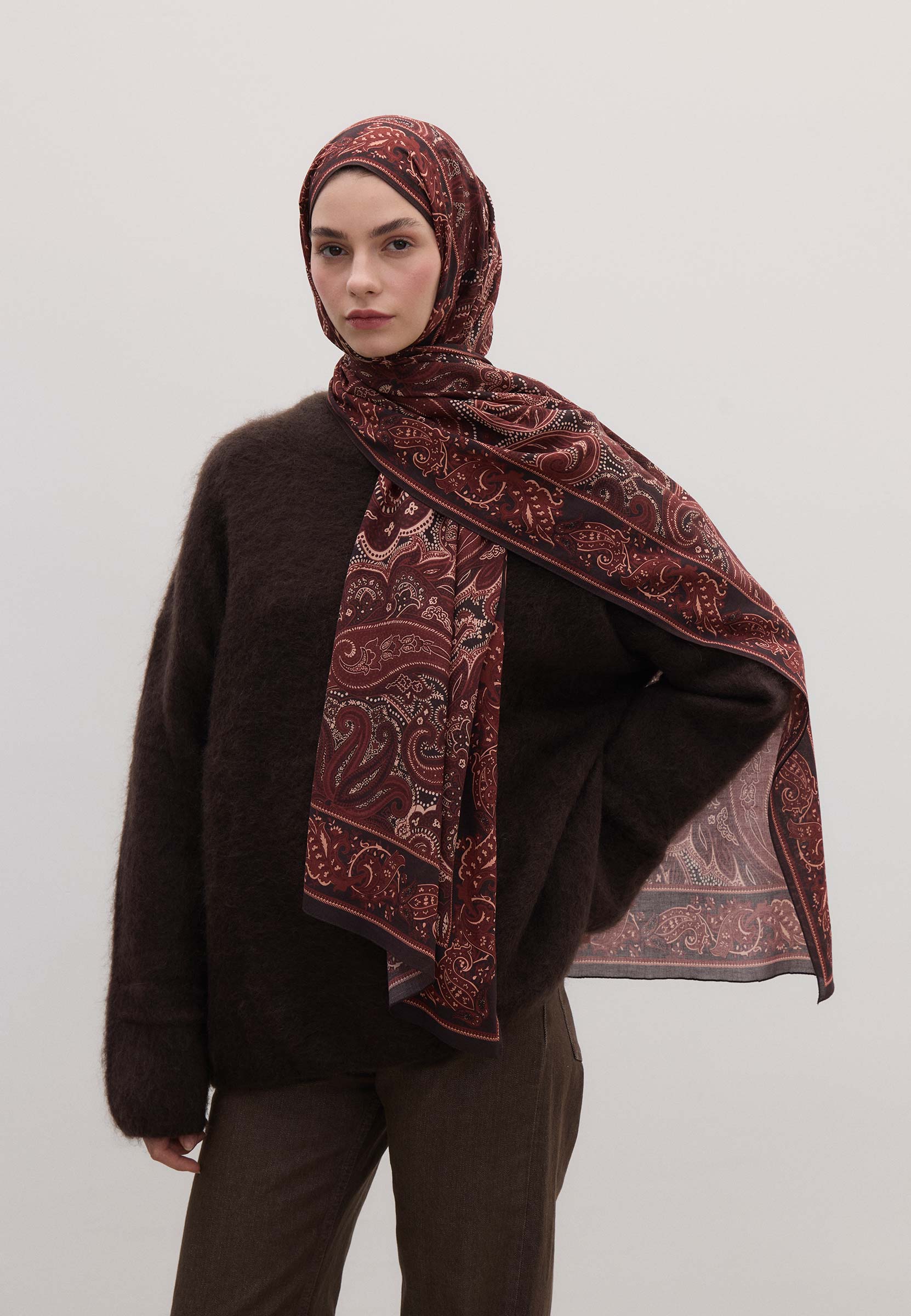 Bordo Dark Vıntage Desen Şal