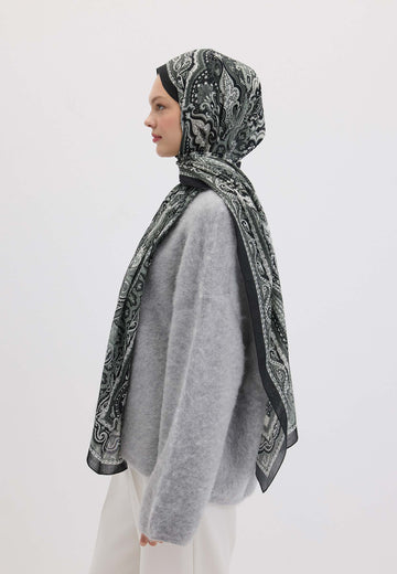 Siyah Etnıc Floral Desen Şal
