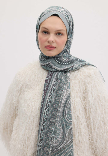 Gümüş Etnıc Floral Desen Şal