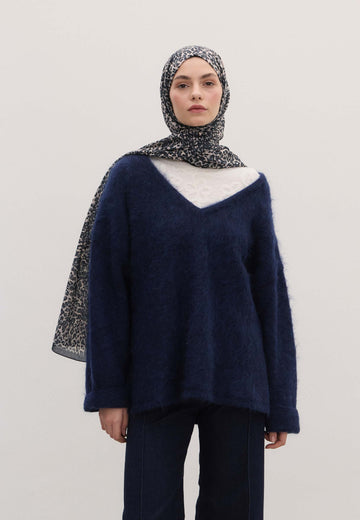 Mavi Tıny Leopar Desen Şal