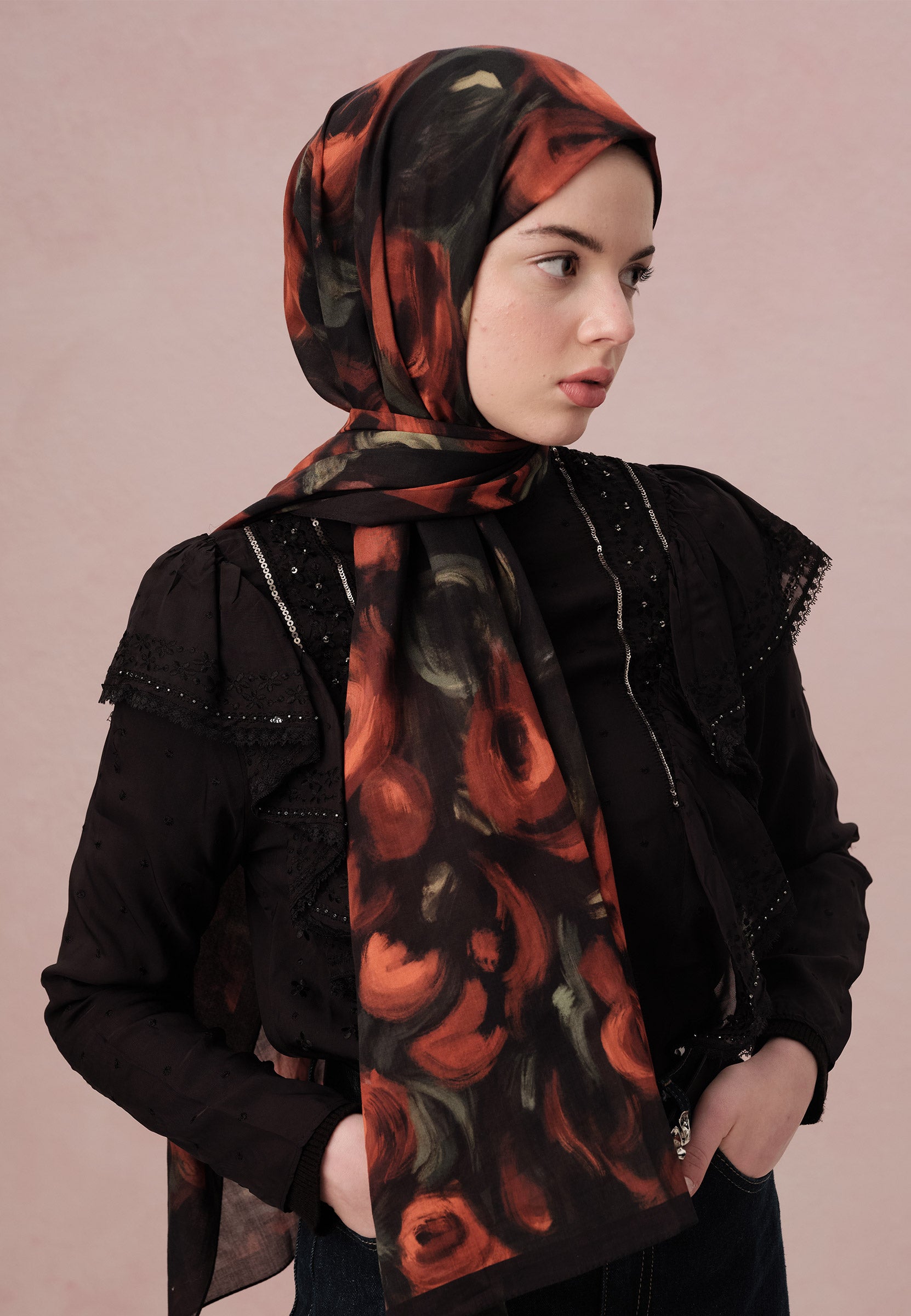 Kırmızı Rosaly Desen Vual Şal