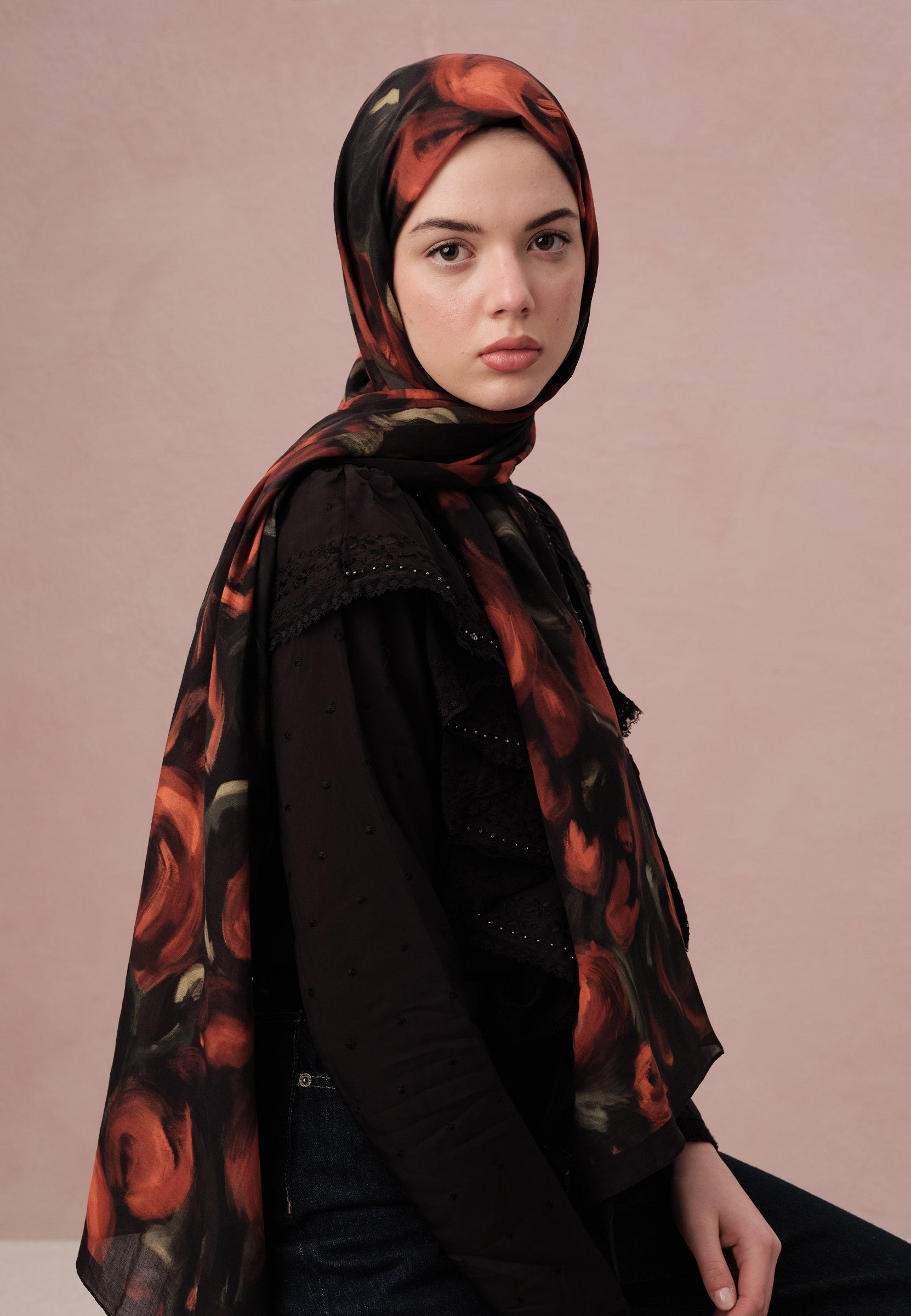 Kırmızı Rosaly Desen Vual Şal