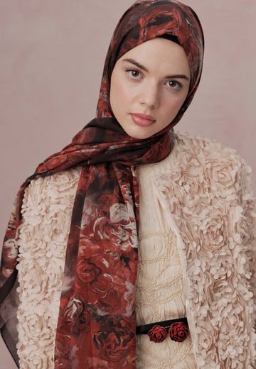 Kırmızı Love In Bloom Desen Vual Şal