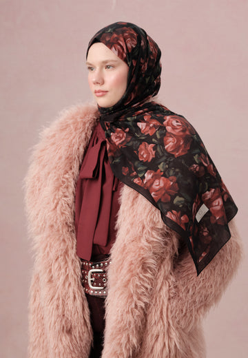 Kırmızı Wıld Rose Desen Vual Şal