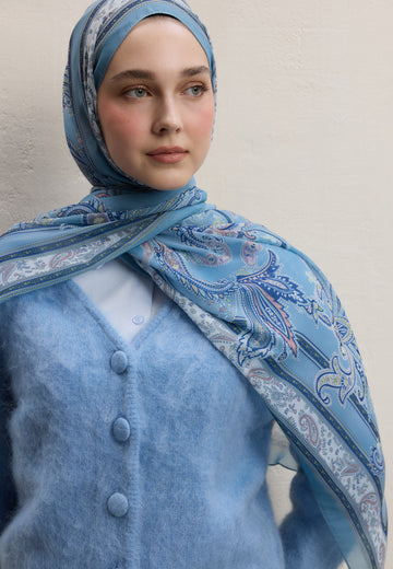 Pastel Mavi Luna Desen İpek Krep Şal