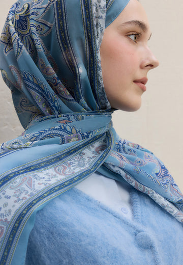 Pastel Mavi Luna Desen İpek Krep Şal