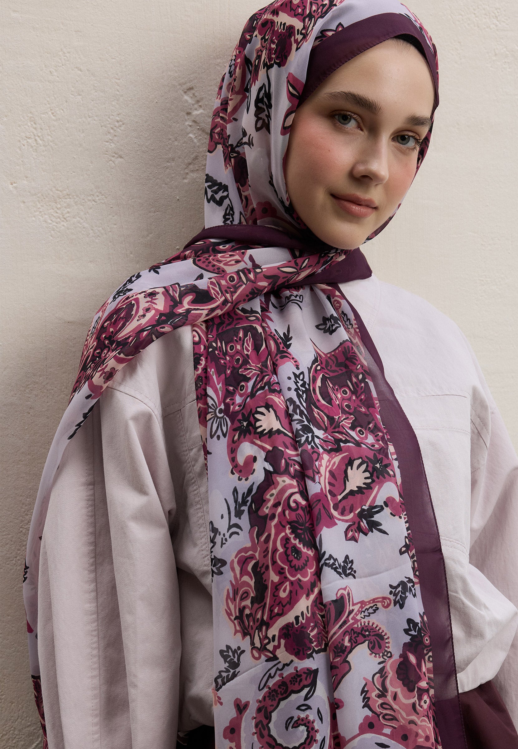 Mürdüm Wıld Flora Desen İpek Krep Şal