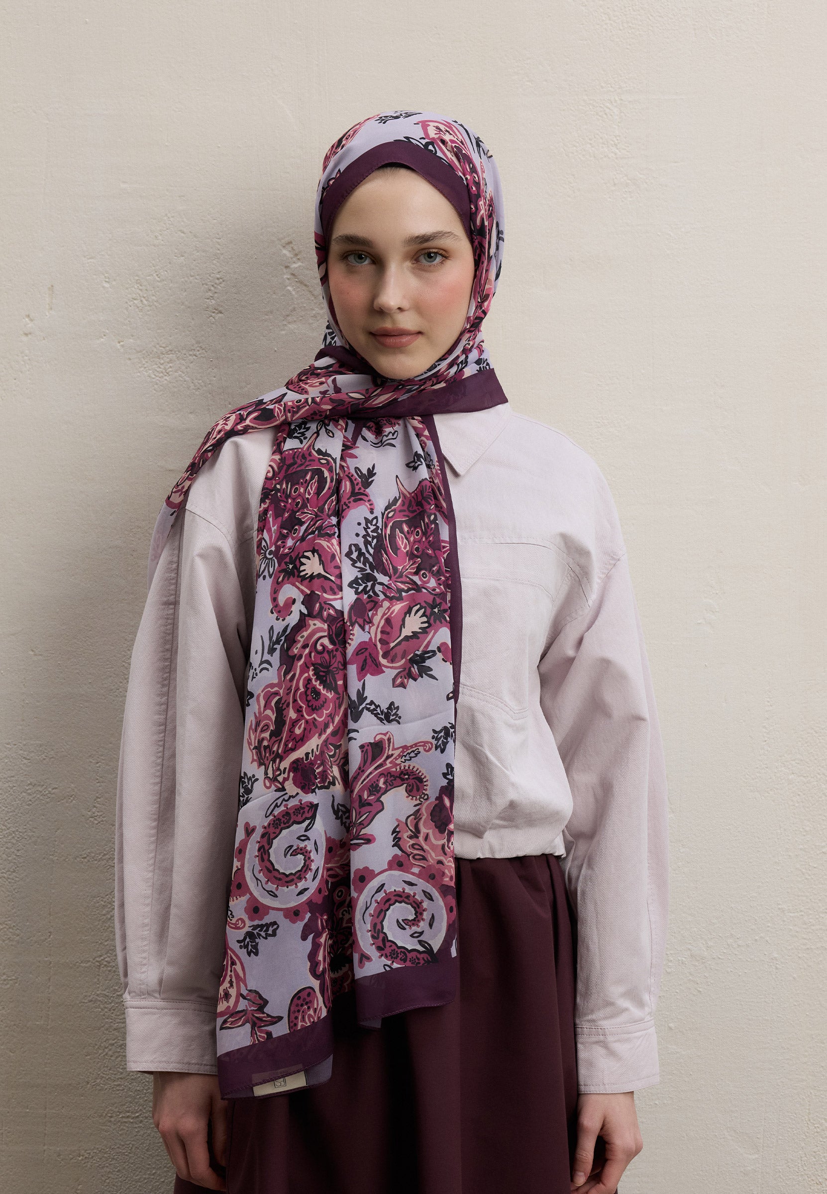 Mürdüm Wıld Flora Desen İpek Krep Şal