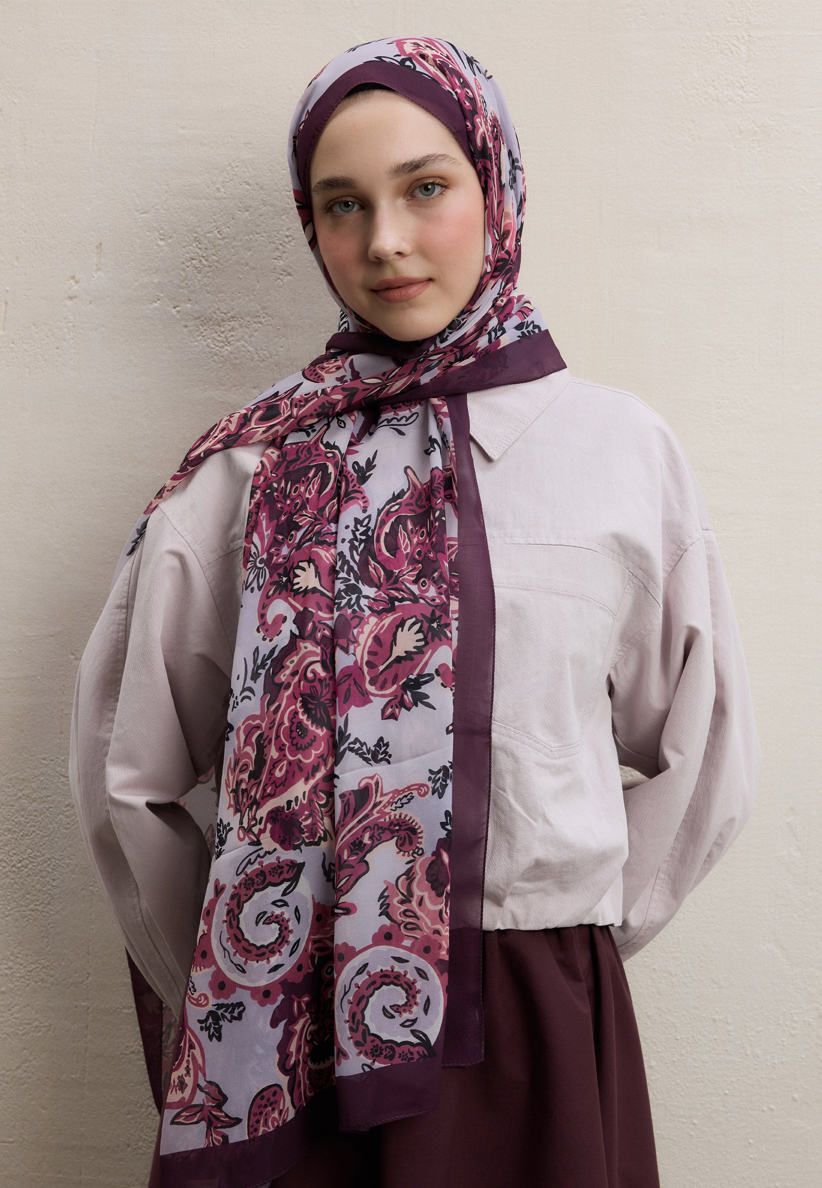 Mürdüm Wıld Flora Desen İpek Krep Şal