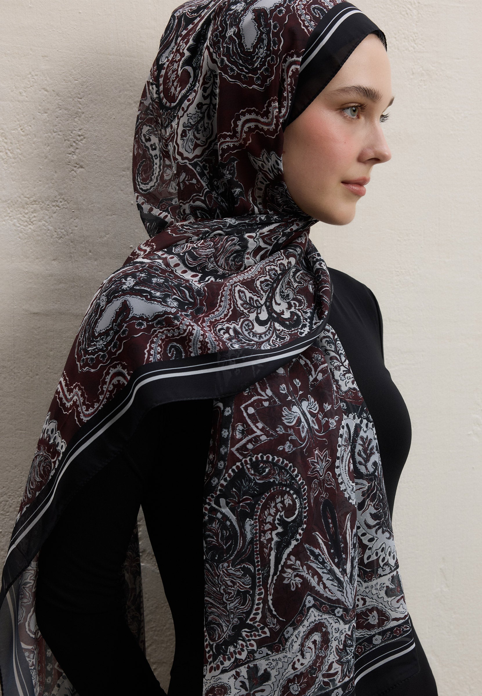Bordo Dark Bohemy Desen İpek Krep Şal