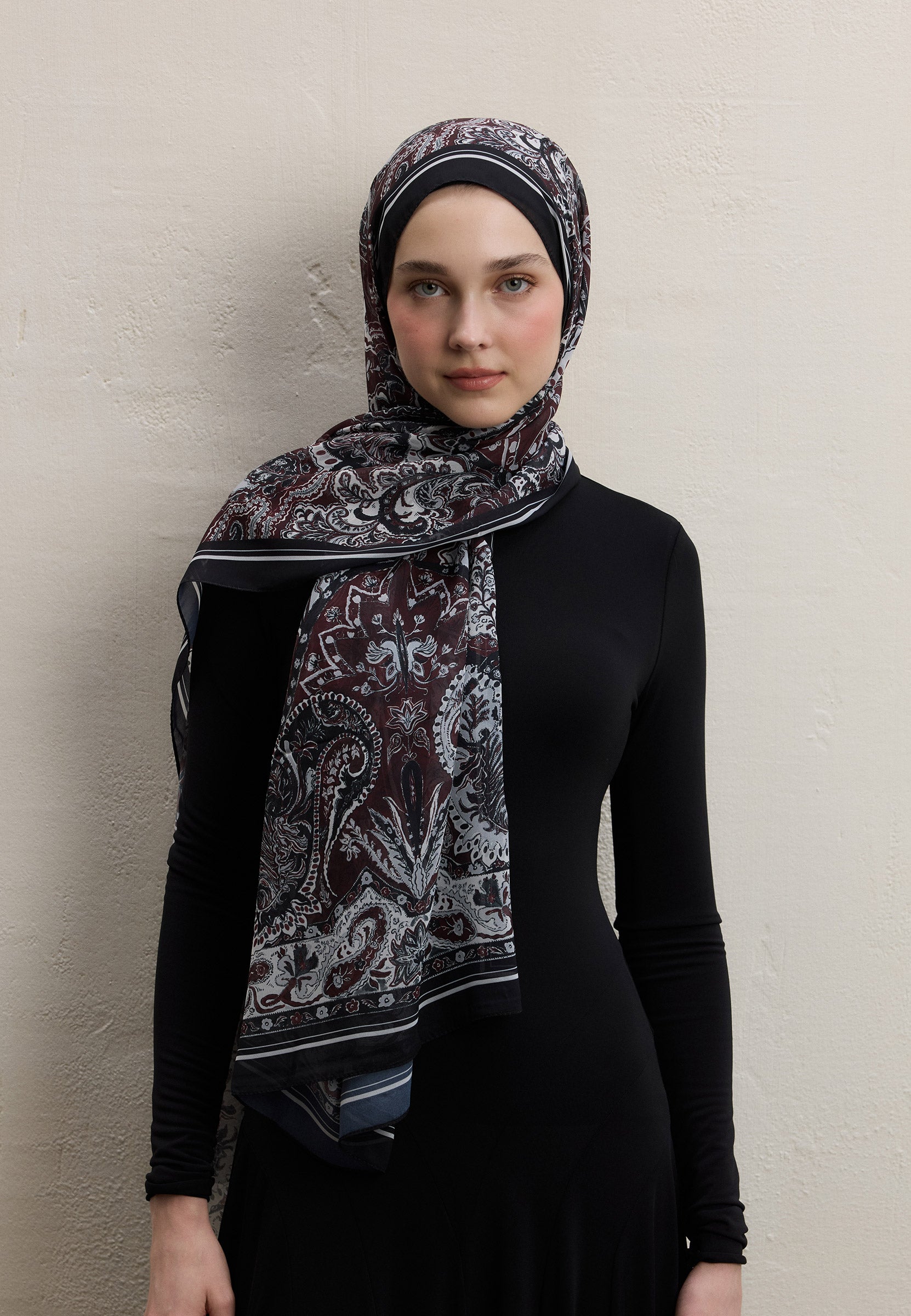 Bordo Dark Bohemy Desen İpek Krep Şal