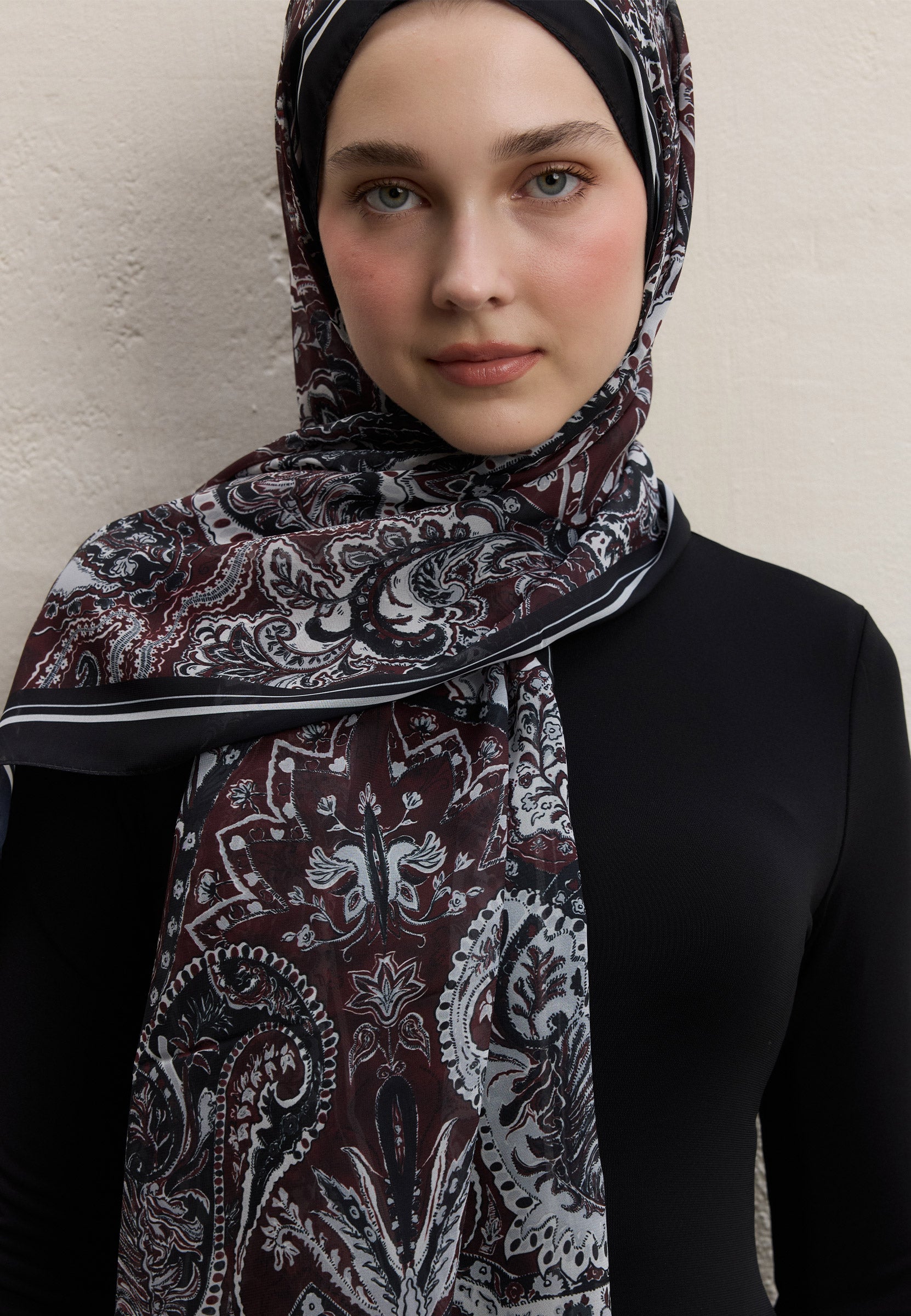 Bordo Dark Bohemy Desen İpek Krep Şal