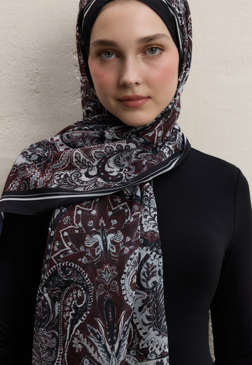 Bordo Dark Bohemy Desen İpek Krep Şal