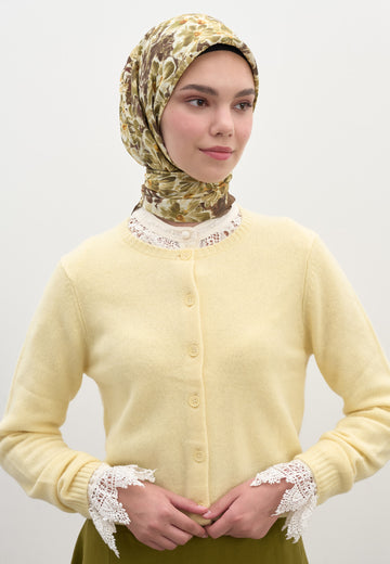 Kahve Cherry Blossom Desen Pamuklu Viskon Eşarp