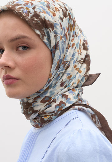 Çikolata Kahve Cherry Blossom Desen Pamuklu Viskon Eşarp