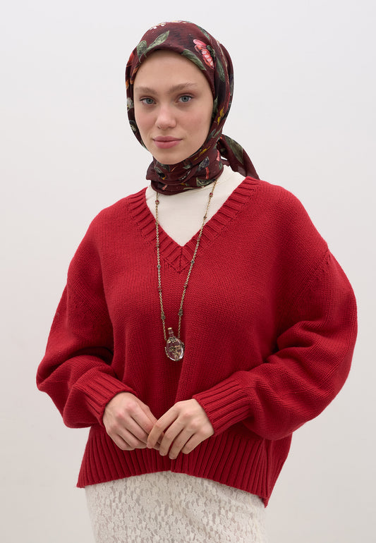 Bordo Flower Rain Desen Pamuklu Viskon Eşarp