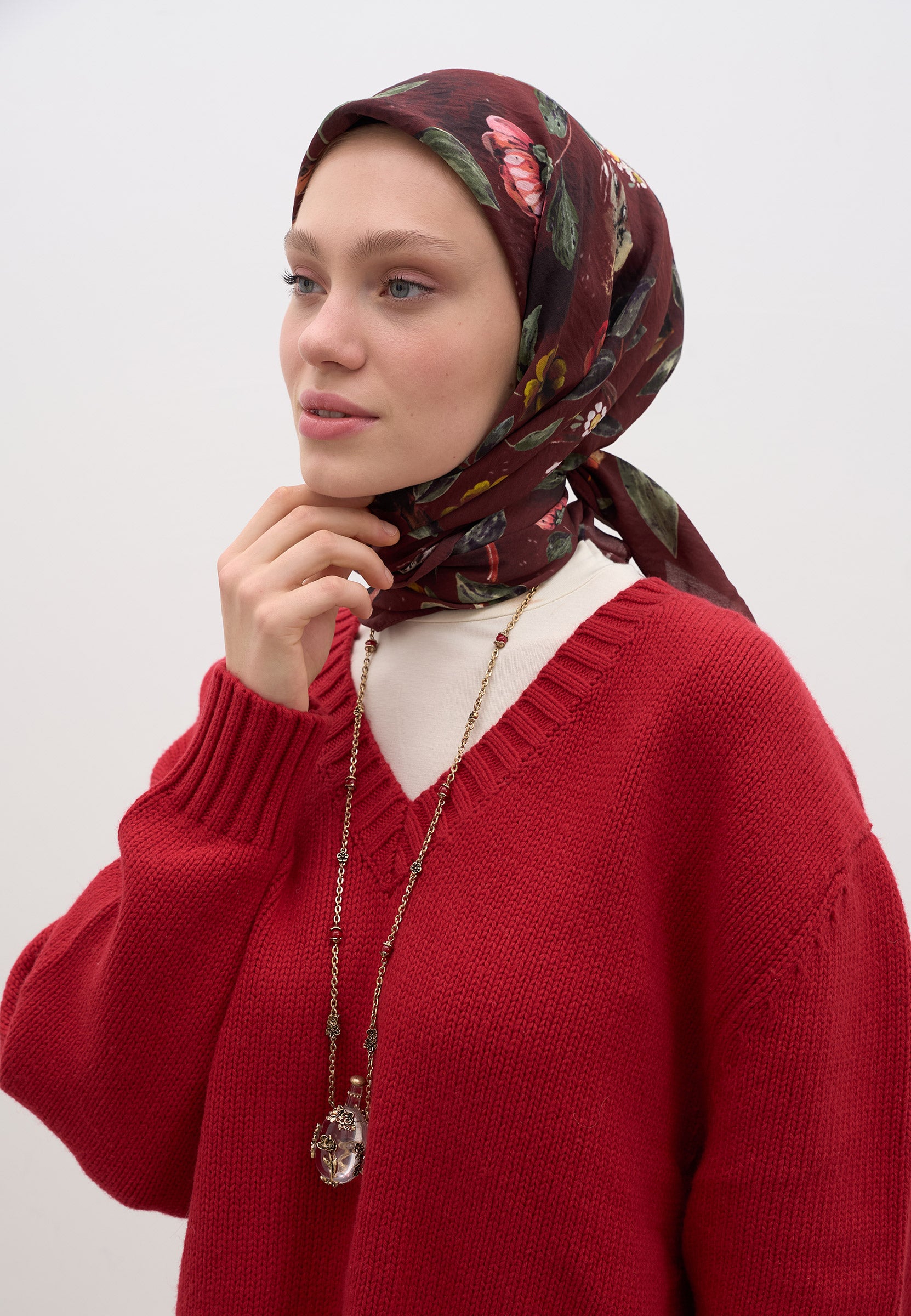 Bordo Flower Rain Desen Pamuklu Viskon Eşarp