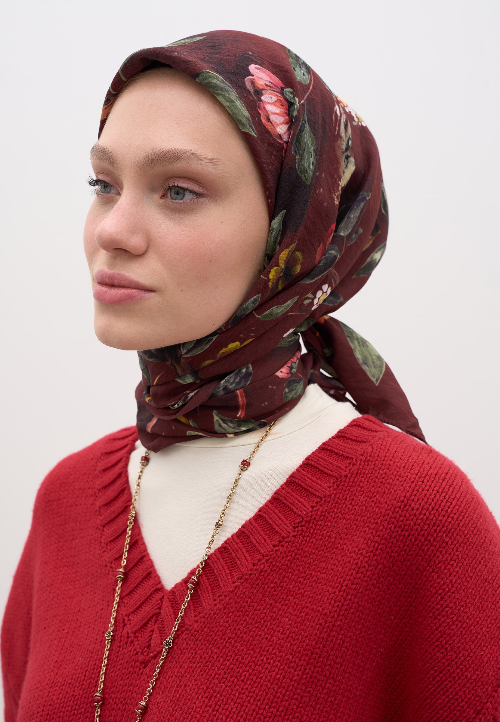 Bordo Flower Rain Desen Pamuklu Viskon Eşarp