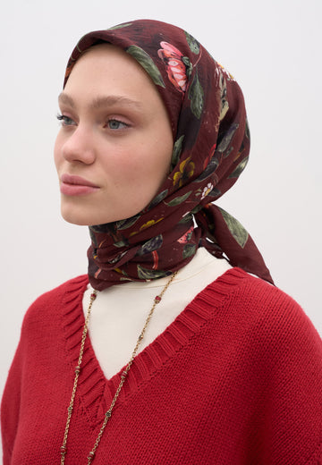Bordo Flower Rain Desen Pamuklu Viskon Eşarp