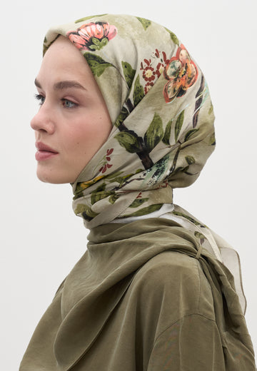 Soft Yeşil Flower Rain Desen Pamuklu Viskon Eşarp