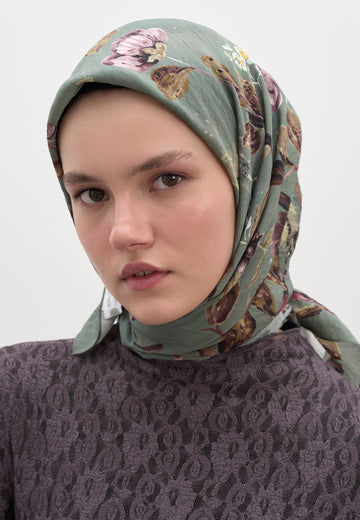 Çağla Yeşili Flower Rain Desen Pamuklu Viskon Eşarp
