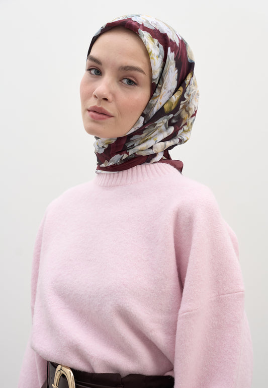 Bordo Lotus Desen Pamuklu Viskon Eşarp