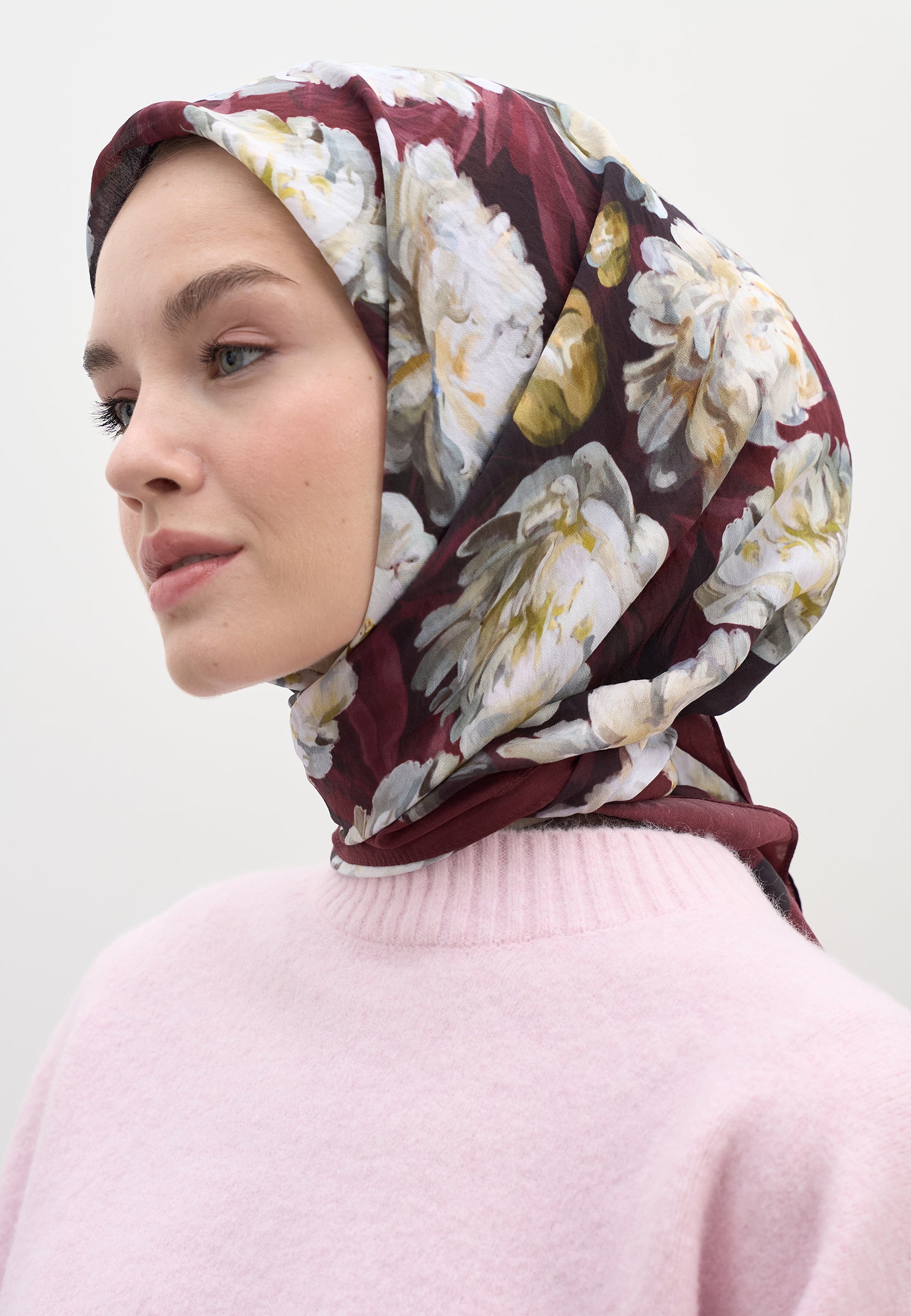 Bordo Lotus Desen Pamuklu Viskon Eşarp