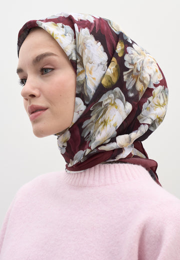 Bordo Lotus Desen Pamuklu Viskon Eşarp