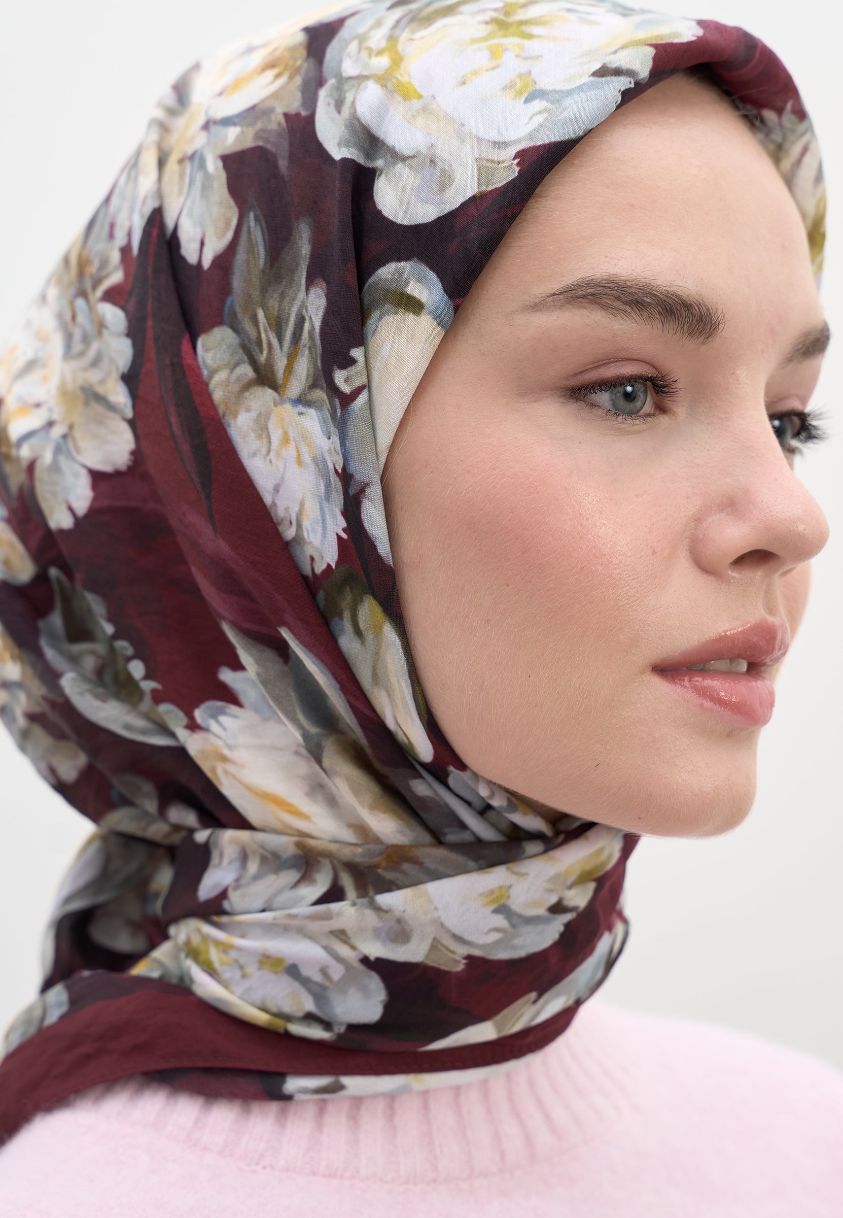 Bordo Lotus Desen Pamuklu Viskon Eşarp