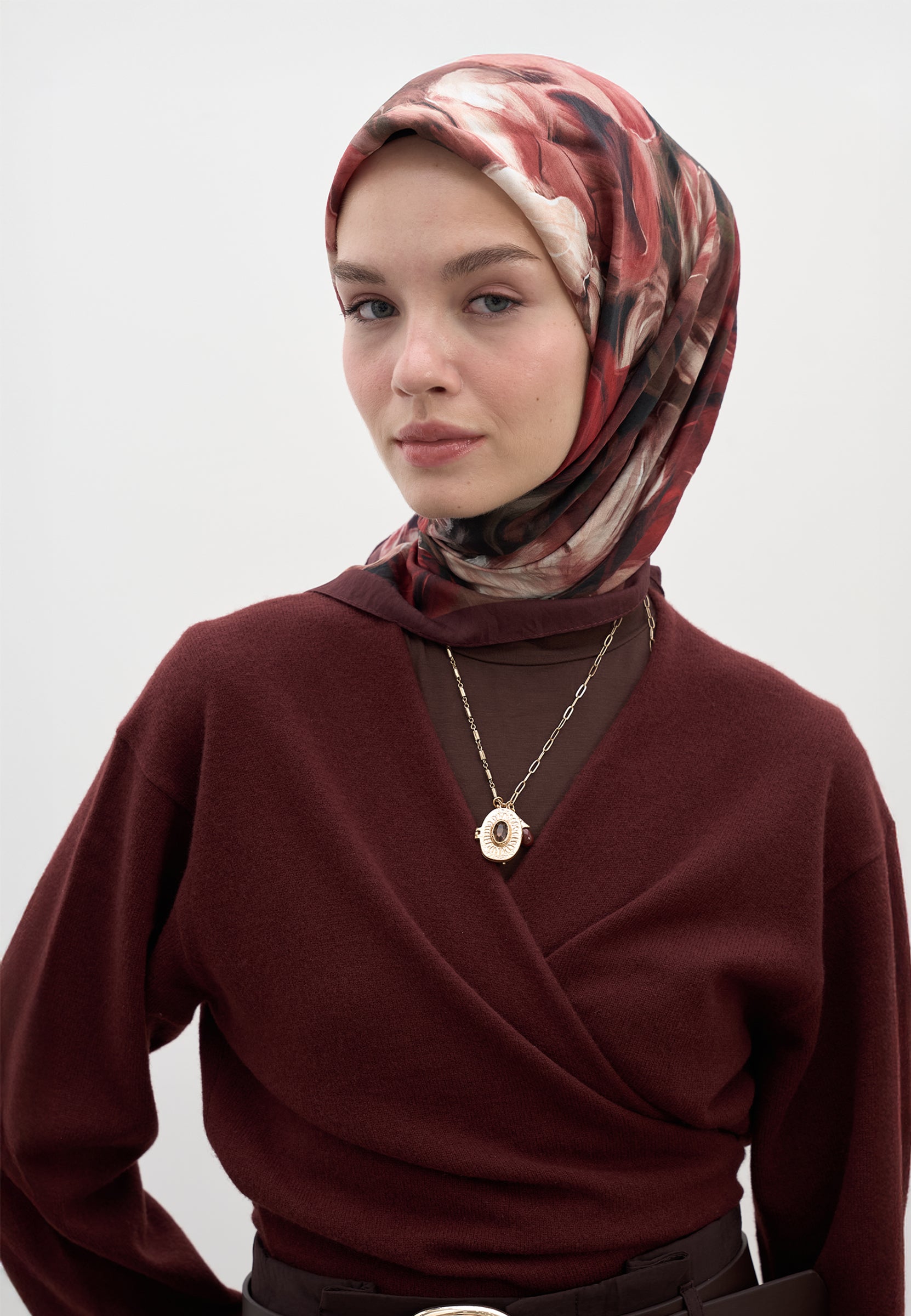 Bordo Mıdnıght Floral Desen Pamuklu Viskon Eşarp