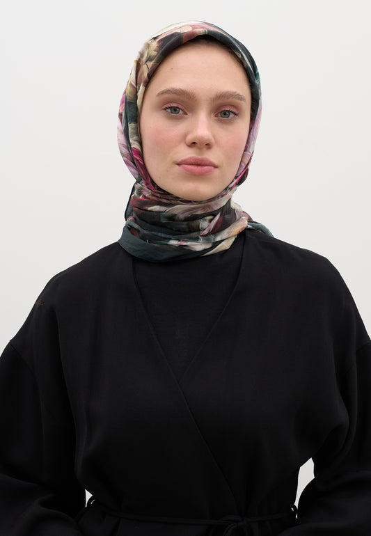 Petrol Mıdnıght Floral Desen Pamuklu Viskon Eşarp