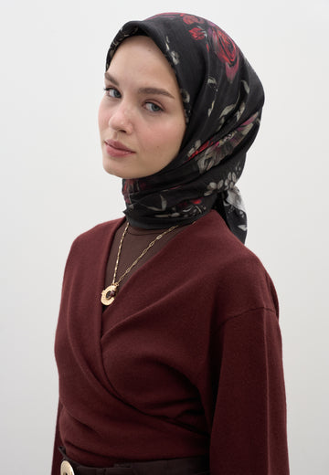 Siyah Mıdnıght Rose Desen Pamuklu Viskon Eşarp