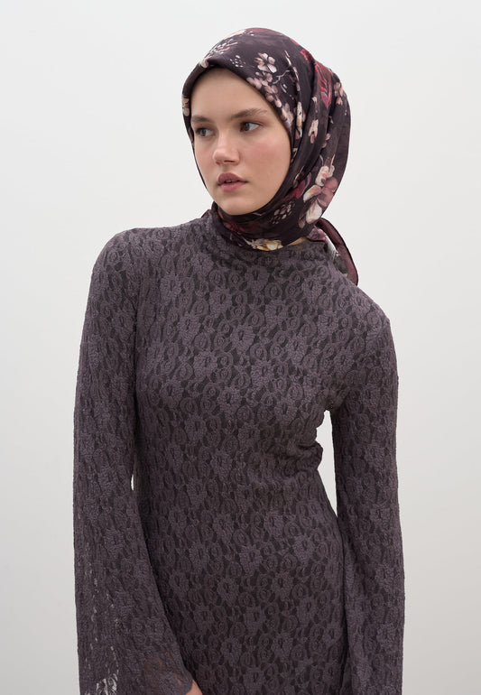 Mıdnıght Rose Desen Pamuklu Viskon Eşarp Bordo