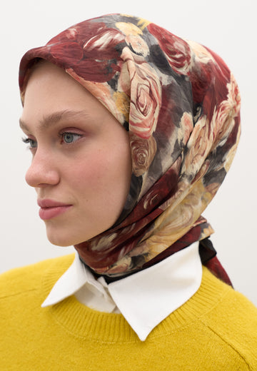 Siyah Rose Breeze Desen Pamuklu Viskon Eşarp