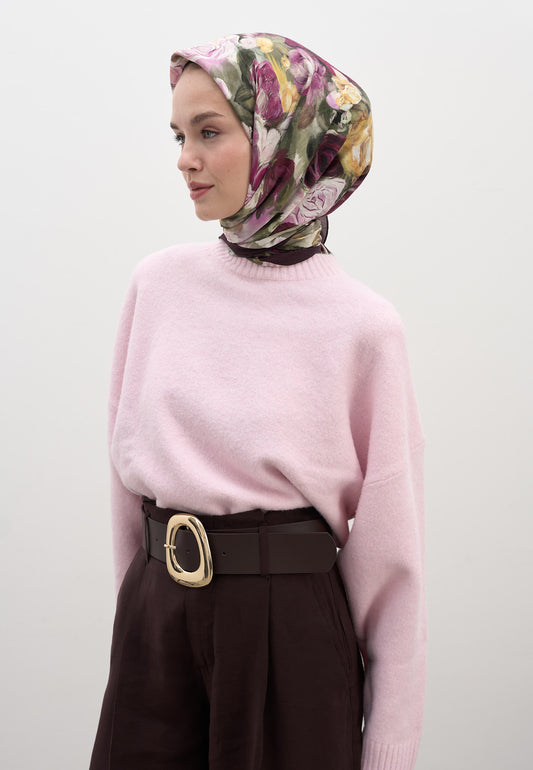 Mürdüm Rose Breeze Desen Pamuklu Viskon Eşarp