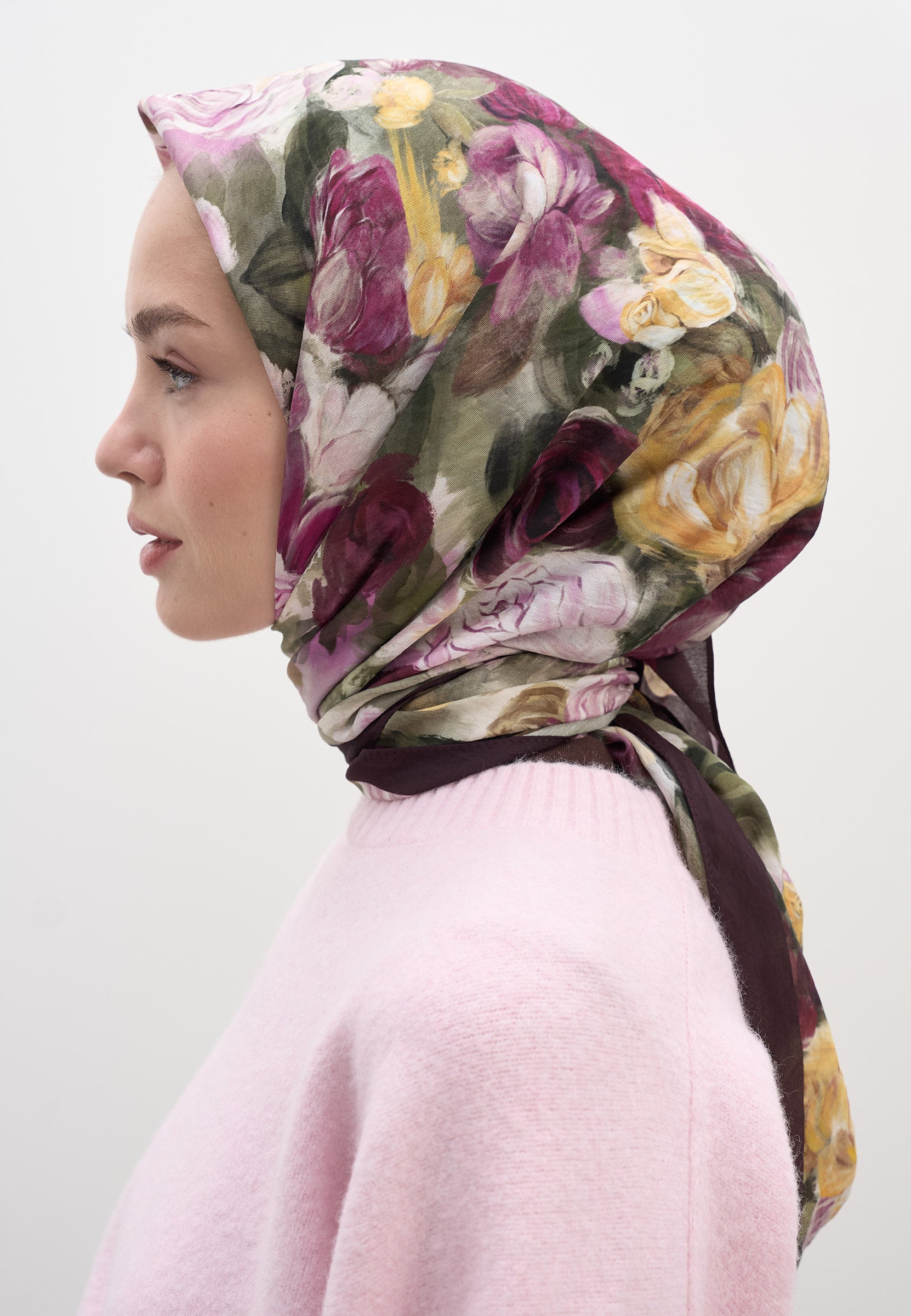 Mürdüm Rose Breeze Desen Pamuklu Viskon Eşarp