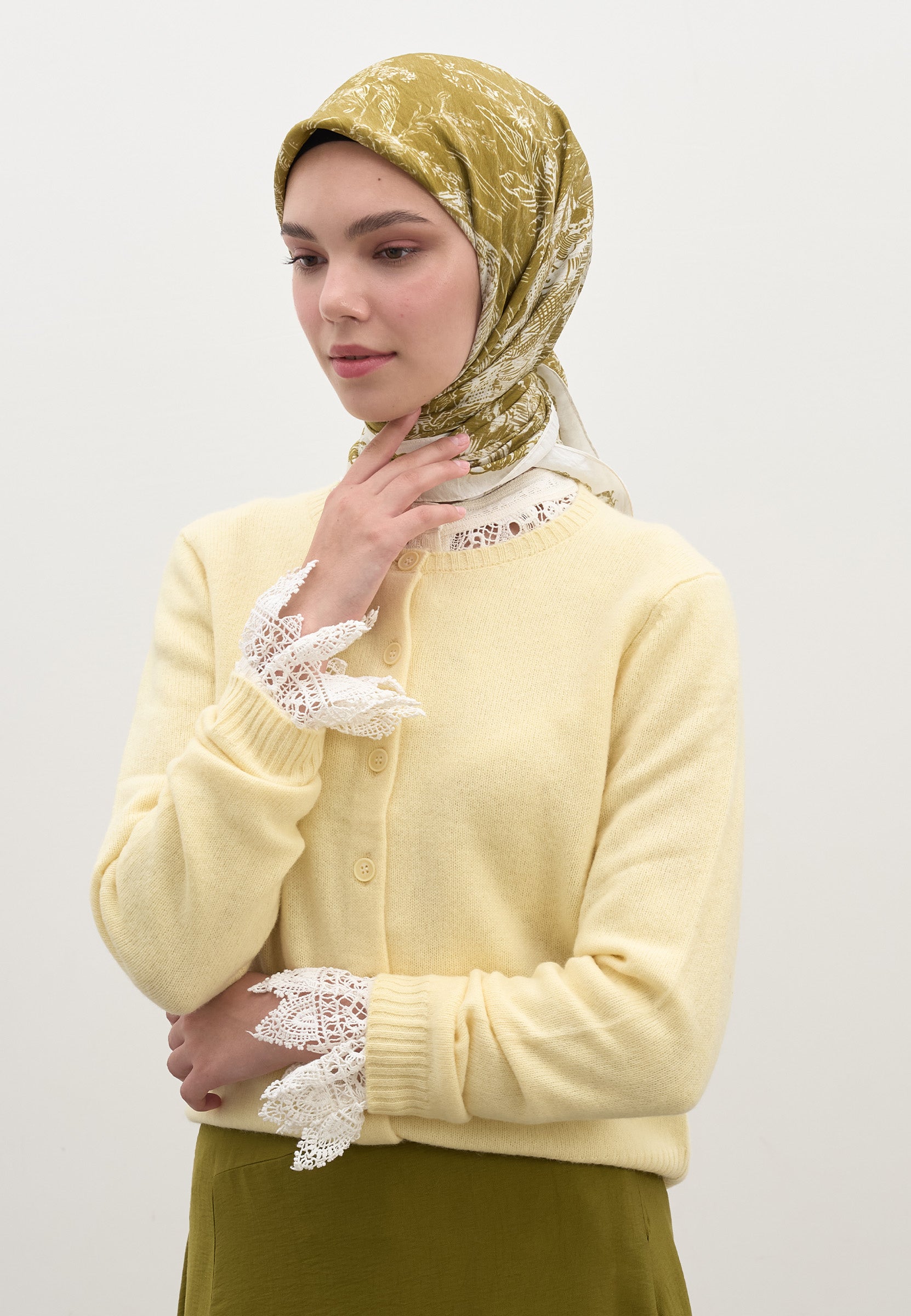 Yağ Yeşili Secret Elegance Desen Pamuklu Viskon Eşarp