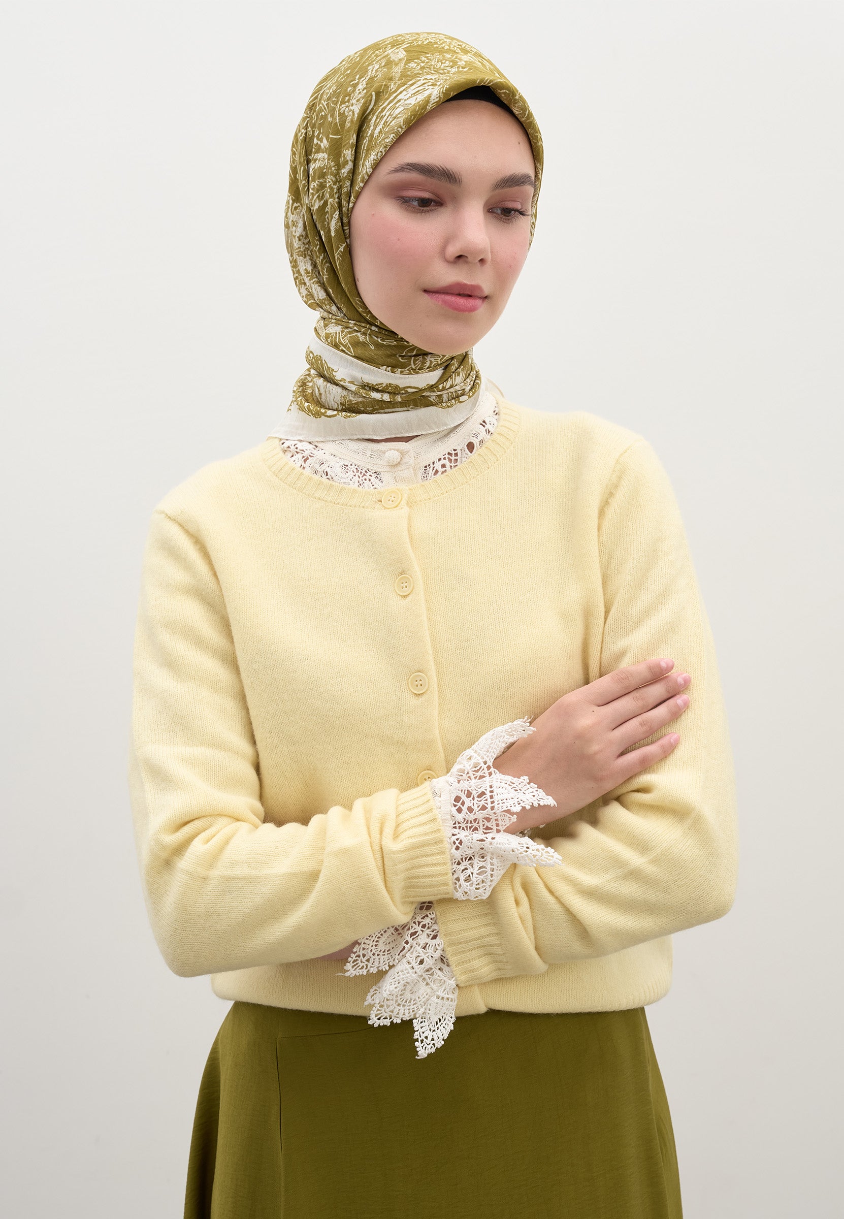 Yağ Yeşili Secret Elegance Desen Pamuklu Viskon Eşarp