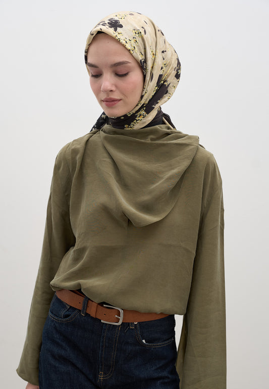 Siyah Tıny Plumerıa Desen Pamuklu Viskon Eşarp