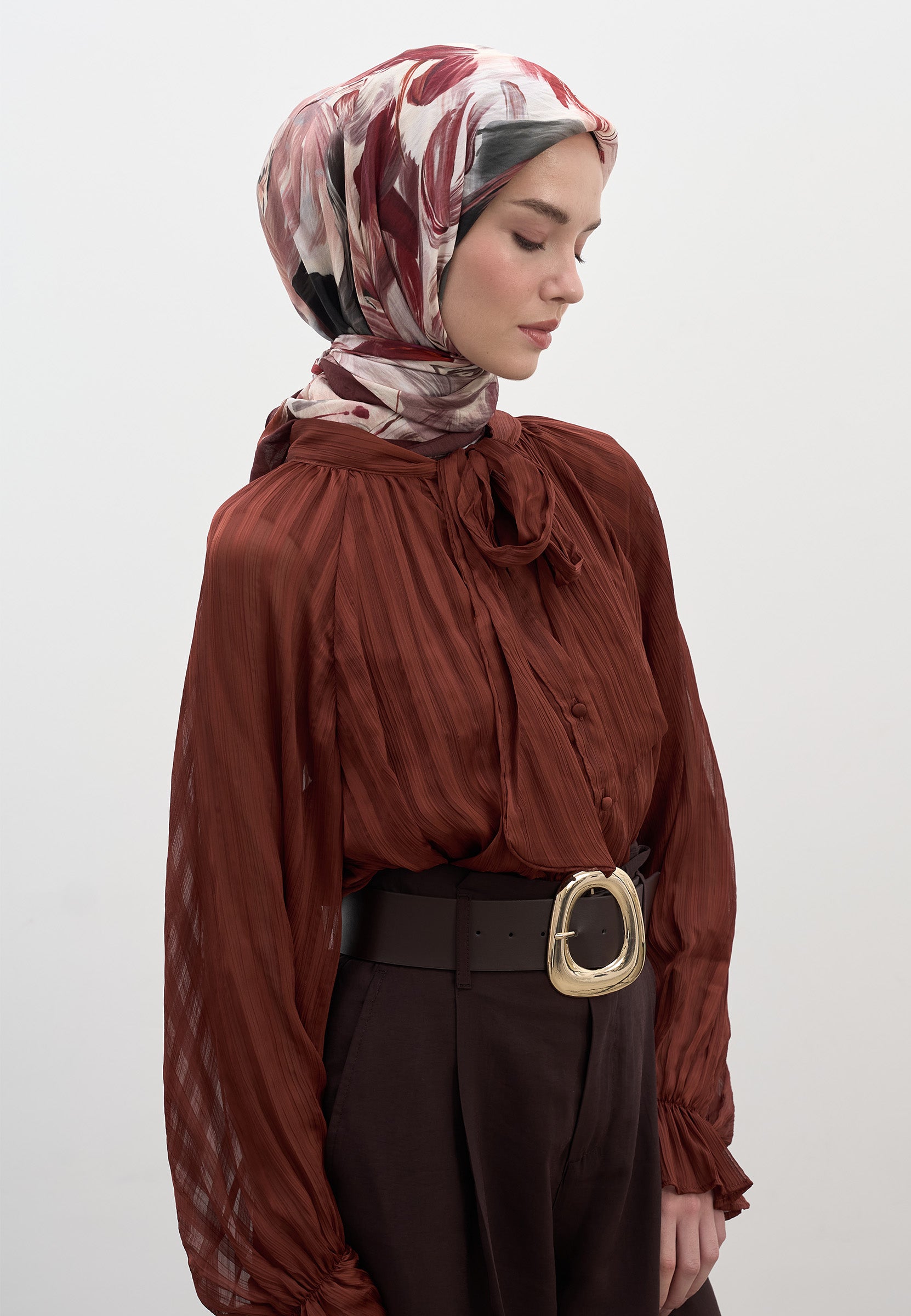 Bordo Vanılla Blossom Desen Pamuklu Viskon Eşarp