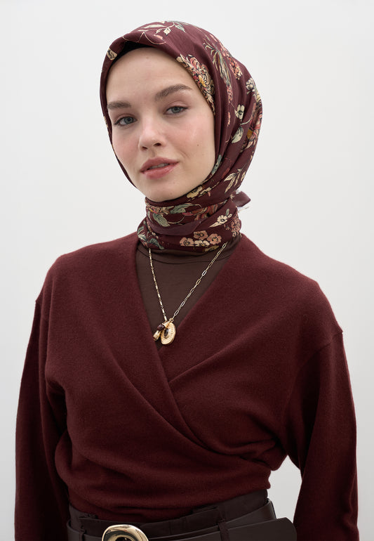 Bordo Jenephıe Desen Pamuklu Viskon Eşarp