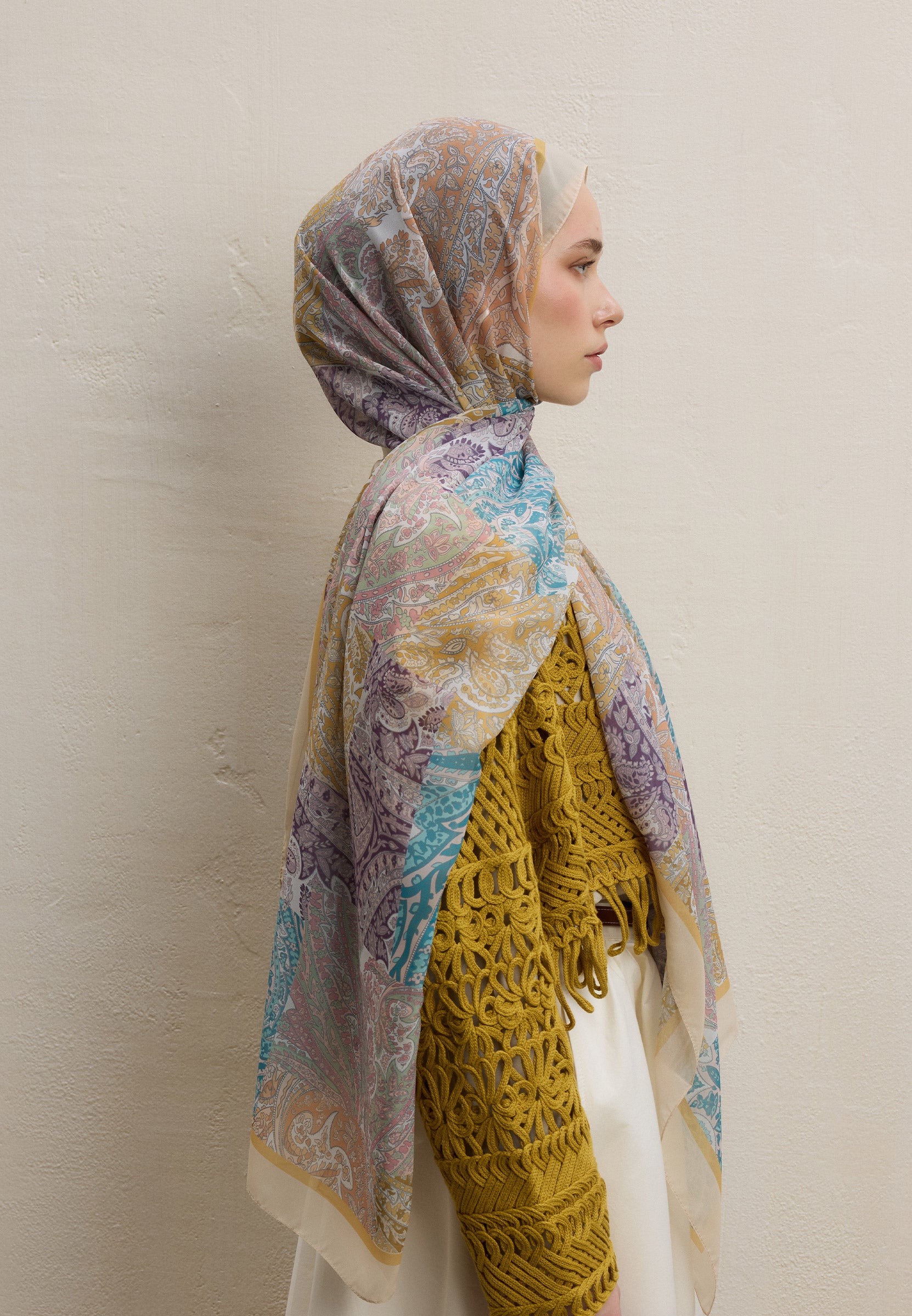 Soft Sarı Paısley Patch Desen İpek Krep Şal