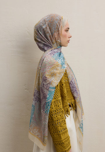 Soft Sarı Paısley Patch Desen İpek Krep Şal