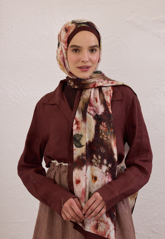 Bordo Vıntage Rose Desen Rami Şal