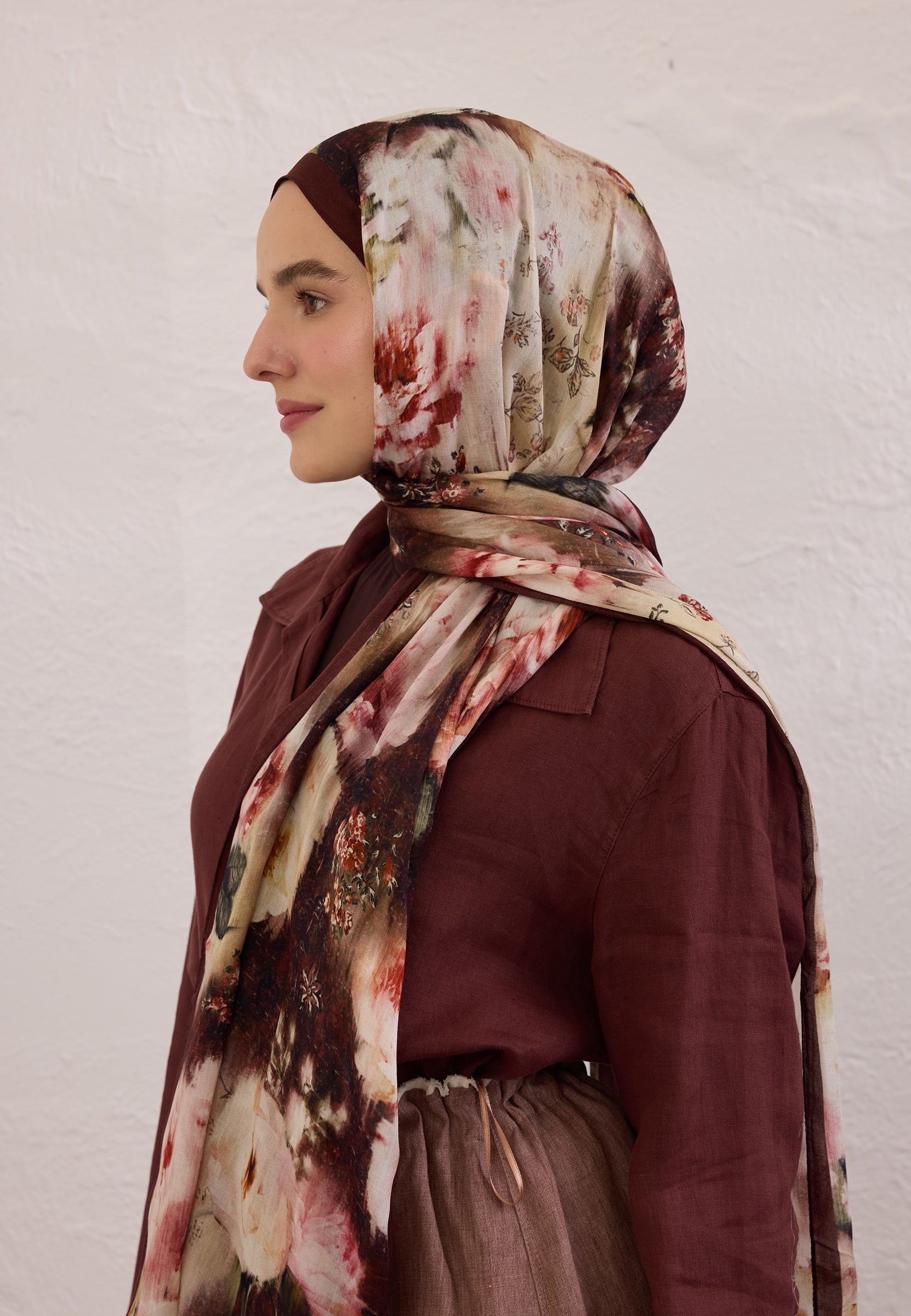 Bordo Vıntage Rose Desen Rami Şal