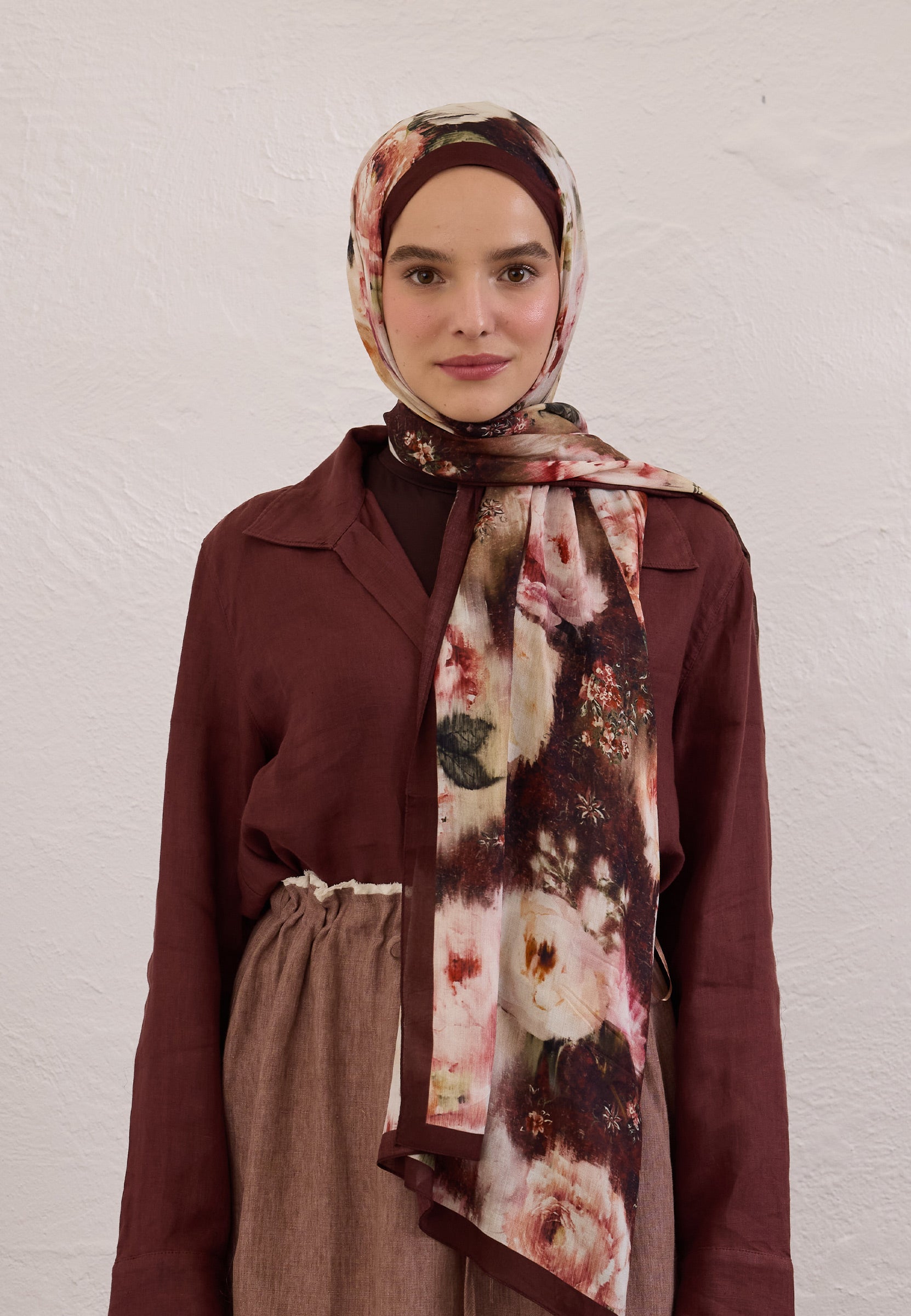 Bordo Vıntage Rose Desen Rami Şal