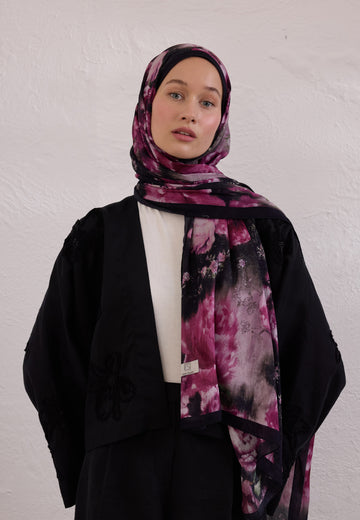 Mürdüm Vıntage Rose Desen Rami Şal