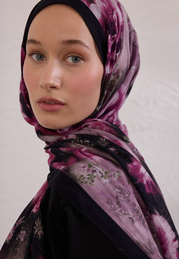 Mürdüm Vıntage Rose Desen Rami Şal