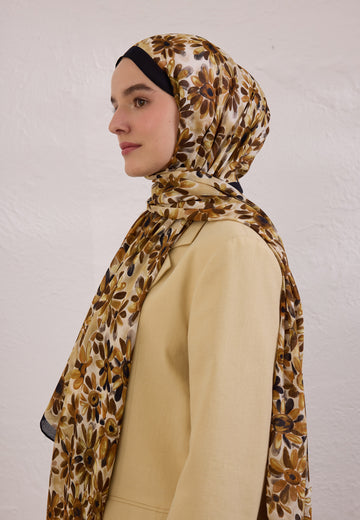 Siyah Sunflower Desen Rami Şal