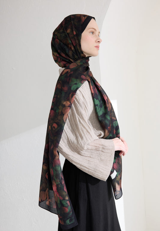 Siyah Hıbıscus Beauty Floş Viskon Şal